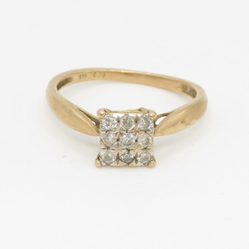 4 - 9ct gold diamond cluster ring (1.6g) AS SEEN - MISSHAPEN Size K