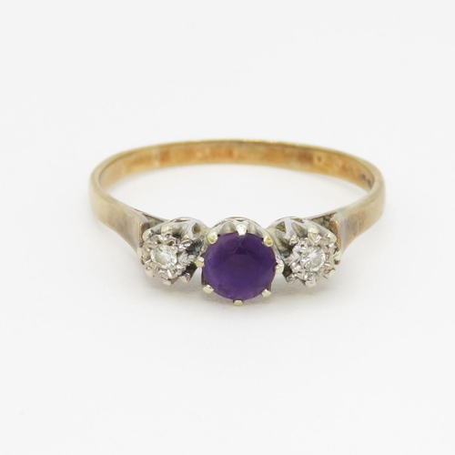 40 - 9ct gold diamond & amethyst three stone ring (3.2g) Size X 1/2