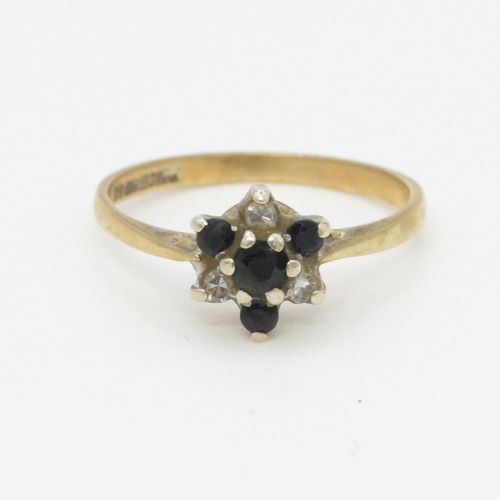 83 - 9ct gold diamond & sapphire floral cluster ring (1.3g) Size L