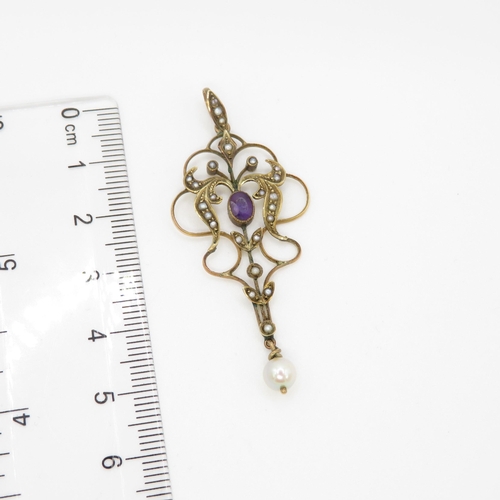 87 - 9ct gold amethyst and seed pearl lavaliere pendant (2.4g)