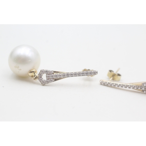 12 - 9ct gold faux pearl & white gemstone drop earrings (7.2g)