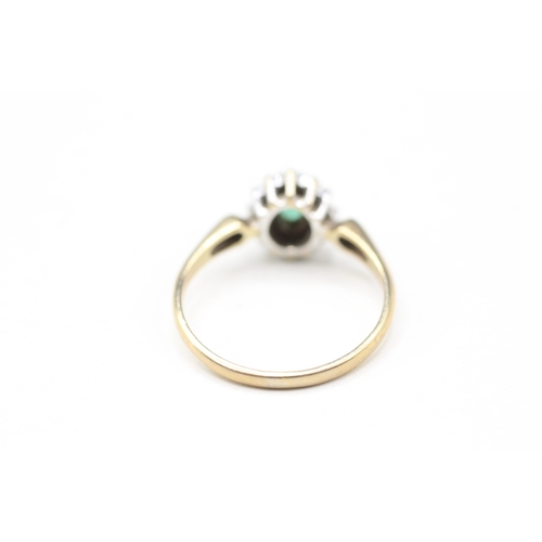 15 - 9ct gold diamond and emerald halo ring (1.7g) Size M