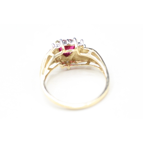 16 - 9ct gold diamond and red gemstone heart ring (2.7g) Size P