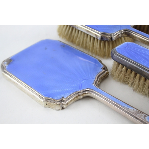 380 - 4 x Vintage 1939 London Sterling Silver Blue Guilloche Enamel Vanity Set (669g)