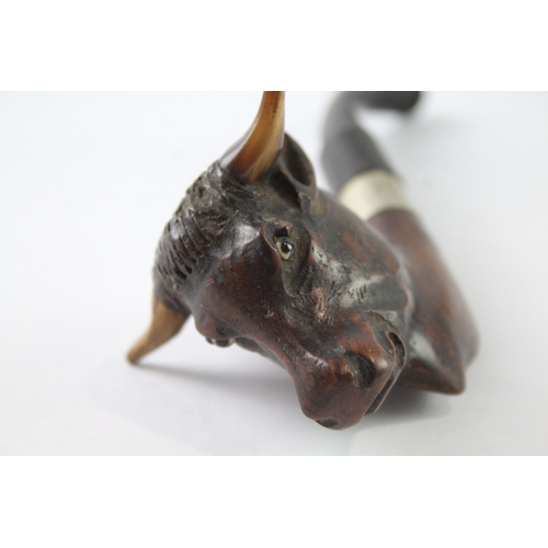 401 - Hand Carved Naturalistic Bull / Buffalo Estate Pipe EP Mounts - RAOB Glass Eyes