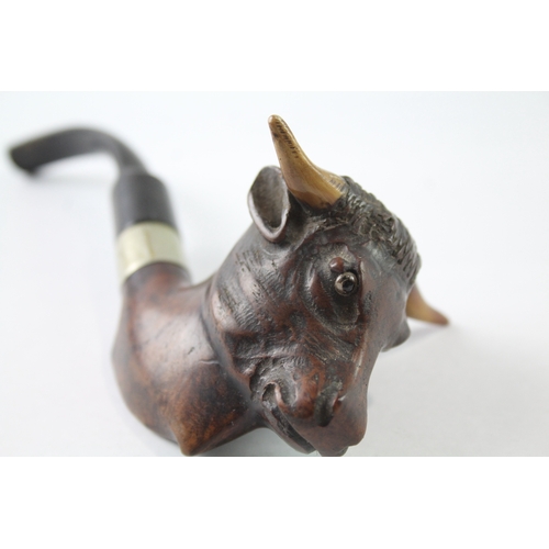 401 - Hand Carved Naturalistic Bull / Buffalo Estate Pipe EP Mounts - RAOB Glass Eyes