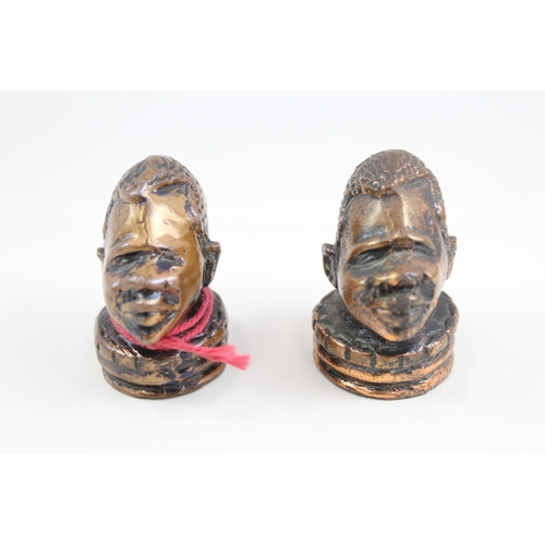 406 - Pair Of Antique Bronze African Miniature Bust Paperweights (620g)