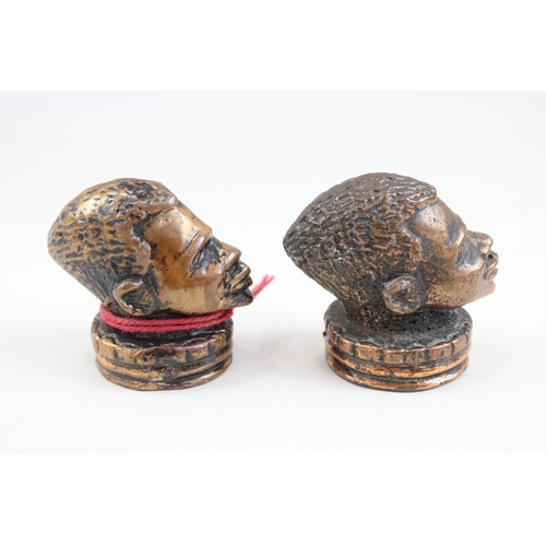 406 - Pair Of Antique Bronze African Miniature Bust Paperweights (620g)