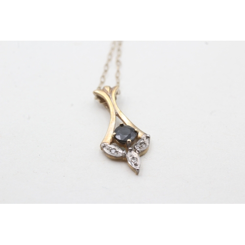 54 - 9ct gold sapphire and diamond pendant on chain (1g)