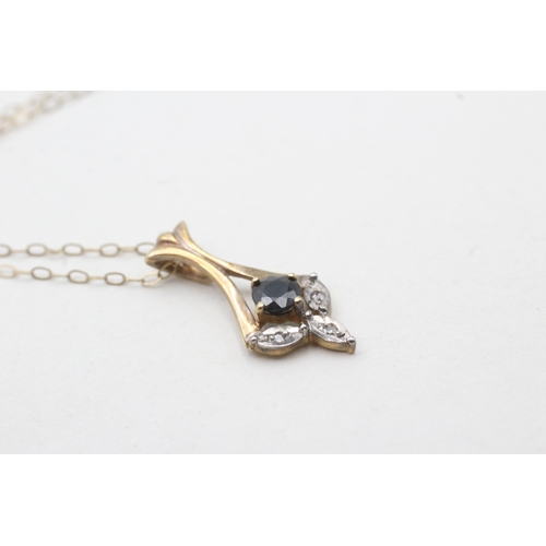 54 - 9ct gold sapphire and diamond pendant on chain (1g)