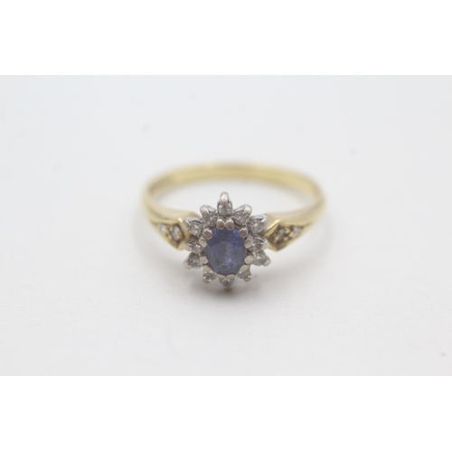 77 - 18ct gold sapphire and diamond halo ring (3.9g) Size Q