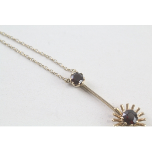 84 - 9ct gold garnet flower drop necklace (2.4g)