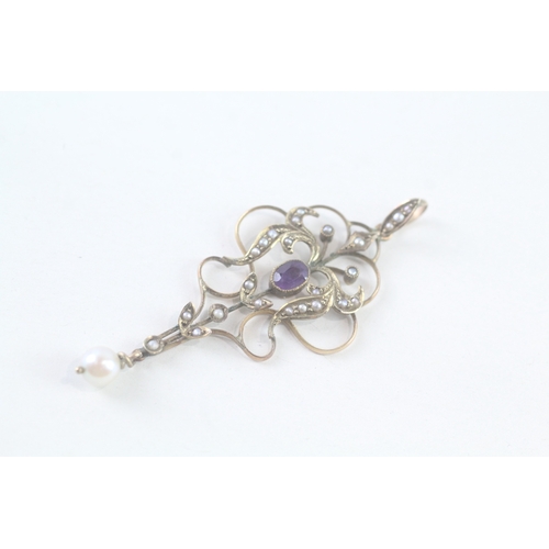 87 - 9ct gold amethyst and seed pearl lavaliere pendant (2.4g)