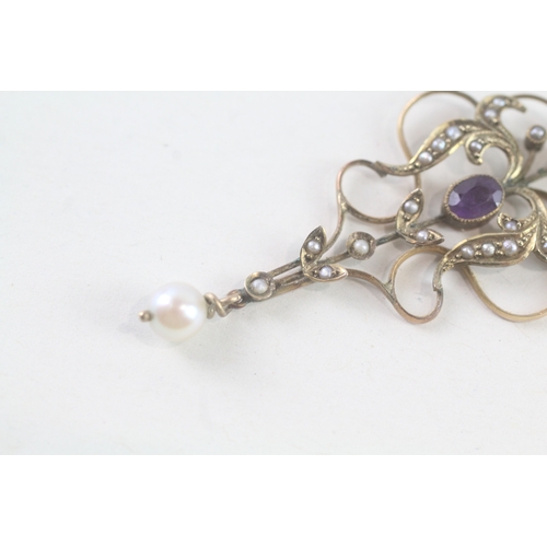 87 - 9ct gold amethyst and seed pearl lavaliere pendant (2.4g)