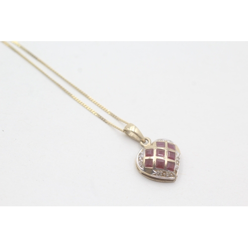 89 - 9ct gold ruby and diamond heart pendant on chain (2.1g)