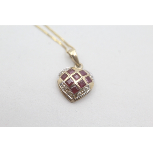 89 - 9ct gold ruby and diamond heart pendant on chain (2.1g)