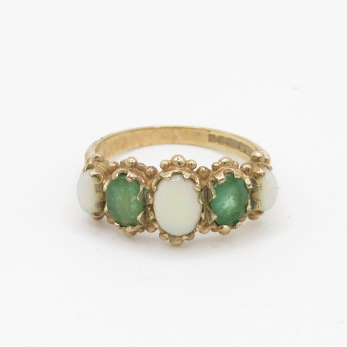 101 - 9ct gold opal & emerald five stone ring (3.7g) Size P