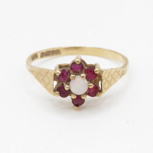 12 - 9ct gold ruby and opal halo ring (2g) Size Q