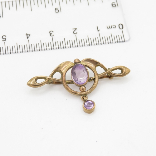 120 - 9ct gold amethyst art nouveau style bar brooch (2.3g)