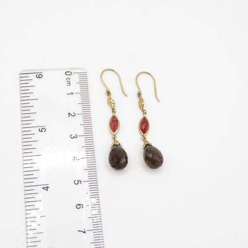 56 - 9ct gold vintage faceted smokey quartz & garnet foliate drop earrings (3.7g)