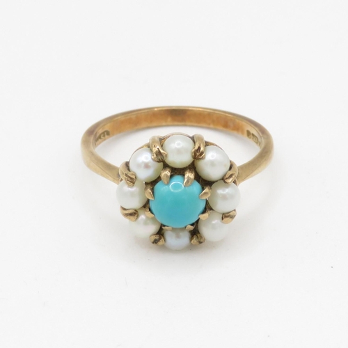 85 - 9ct gold turquoise and pearl halo ring (2.7g) Size M