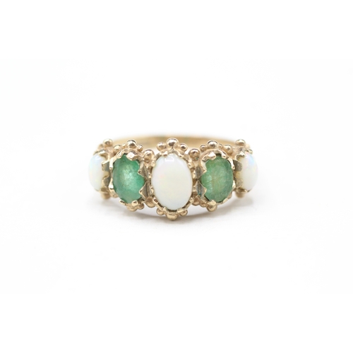 101 - 9ct gold opal & emerald five stone ring (3.7g) Size P