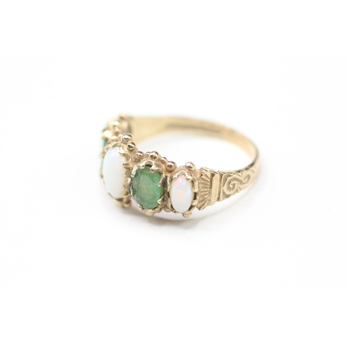 101 - 9ct gold opal & emerald five stone ring (3.7g) Size P