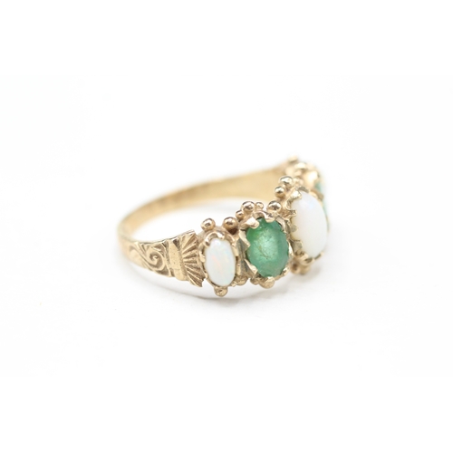 101 - 9ct gold opal & emerald five stone ring (3.7g) Size P