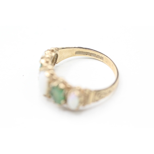 101 - 9ct gold opal & emerald five stone ring (3.7g) Size P