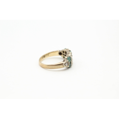 111 - 9ct gold emerald and diamond twin row ring (3.3g) Size J