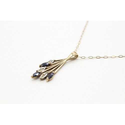 113 - 9ct gold sapphire and diamond drop pendant on chain (1.3g)