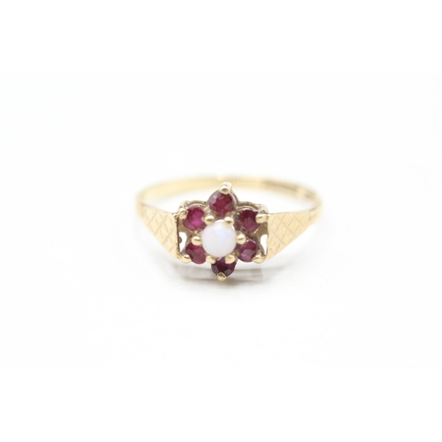 12 - 9ct gold ruby and opal halo ring (2g) Size Q