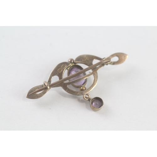 120 - 9ct gold amethyst art nouveau style bar brooch (2.3g)