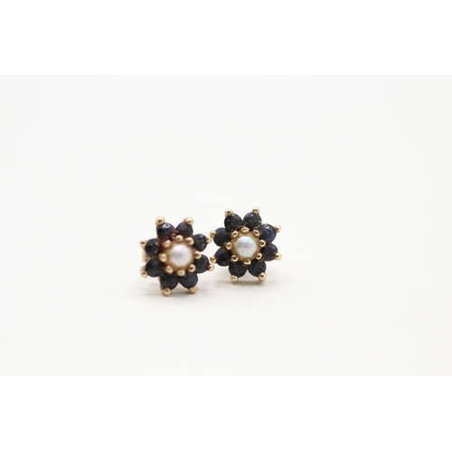 34 - 9ct gold sapphire and seed pearl halo stud earring (1.1g)