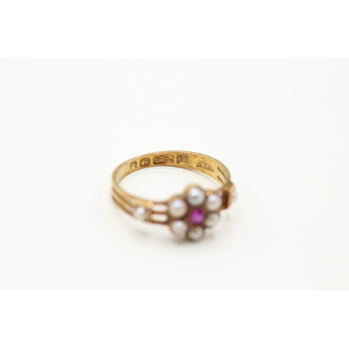 4 - 15ct gold seed pearl and ruby flower ring (2.4g) Size N