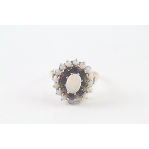 52 - 9ct gold opal and sapphire double halo ring (3.6g) Size Q