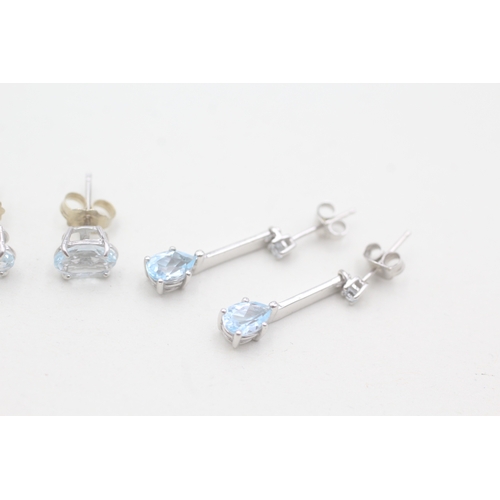 54 - 2 X 9ct white gold aquamarine & topaz set drop & stud earrings (2.3g)