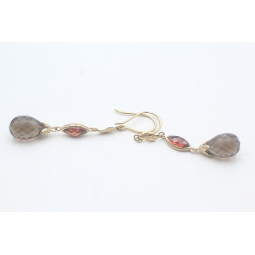 56 - 9ct gold vintage faceted smokey quartz & garnet foliate drop earrings (3.7g)