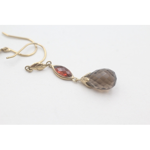 56 - 9ct gold vintage faceted smokey quartz & garnet foliate drop earrings (3.7g)