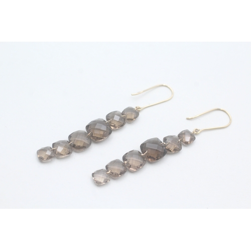 77 - 9ct gold faceted drop smokey quartz earrings with French hooks (4.1g)