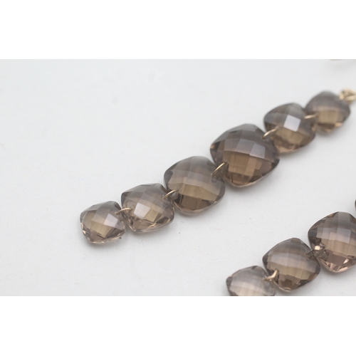 77 - 9ct gold faceted drop smokey quartz earrings with French hooks (4.1g)