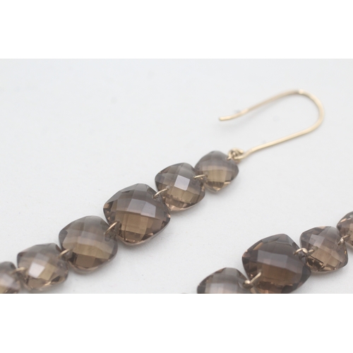 77 - 9ct gold faceted drop smokey quartz earrings with French hooks (4.1g)