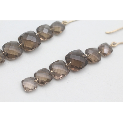 77 - 9ct gold faceted drop smokey quartz earrings with French hooks (4.1g)