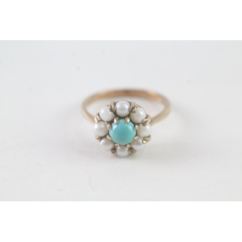 85 - 9ct gold turquoise and pearl halo ring (2.7g) Size M