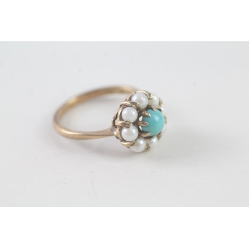 85 - 9ct gold turquoise and pearl halo ring (2.7g) Size M