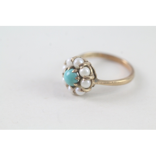 85 - 9ct gold turquoise and pearl halo ring (2.7g) Size M