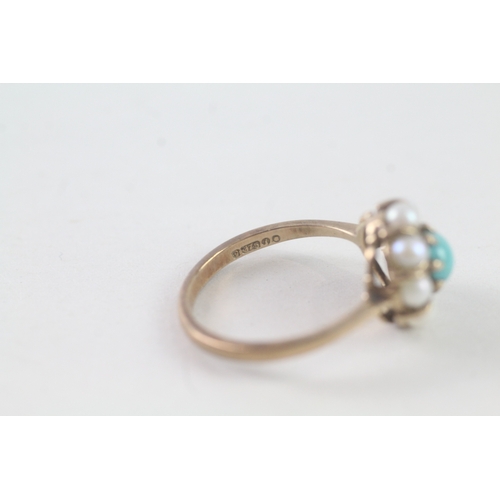 85 - 9ct gold turquoise and pearl halo ring (2.7g) Size M