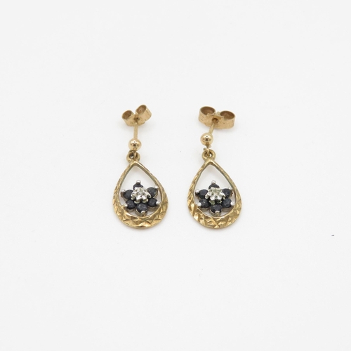 149 - 9ct gold diamond & sapphire floral cluster drop earrings (1.8g)