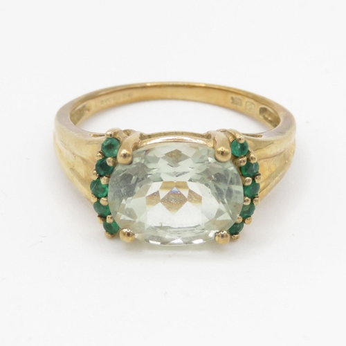 242 - 9ct gold prusiolite and emerald set ring (3.6g) Size P