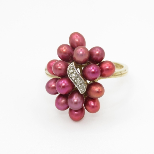 3 - 9ct gold diamond and red cultured pearl cocktail ring (5g) as seen - stone missing  Size W